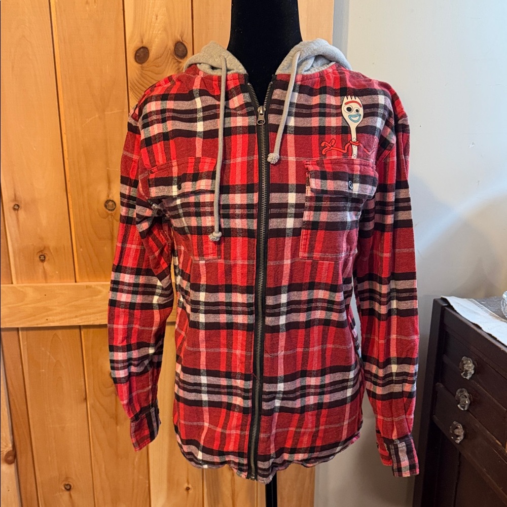 Disney Forky - Red Plaid Button Down Shirt with Hood